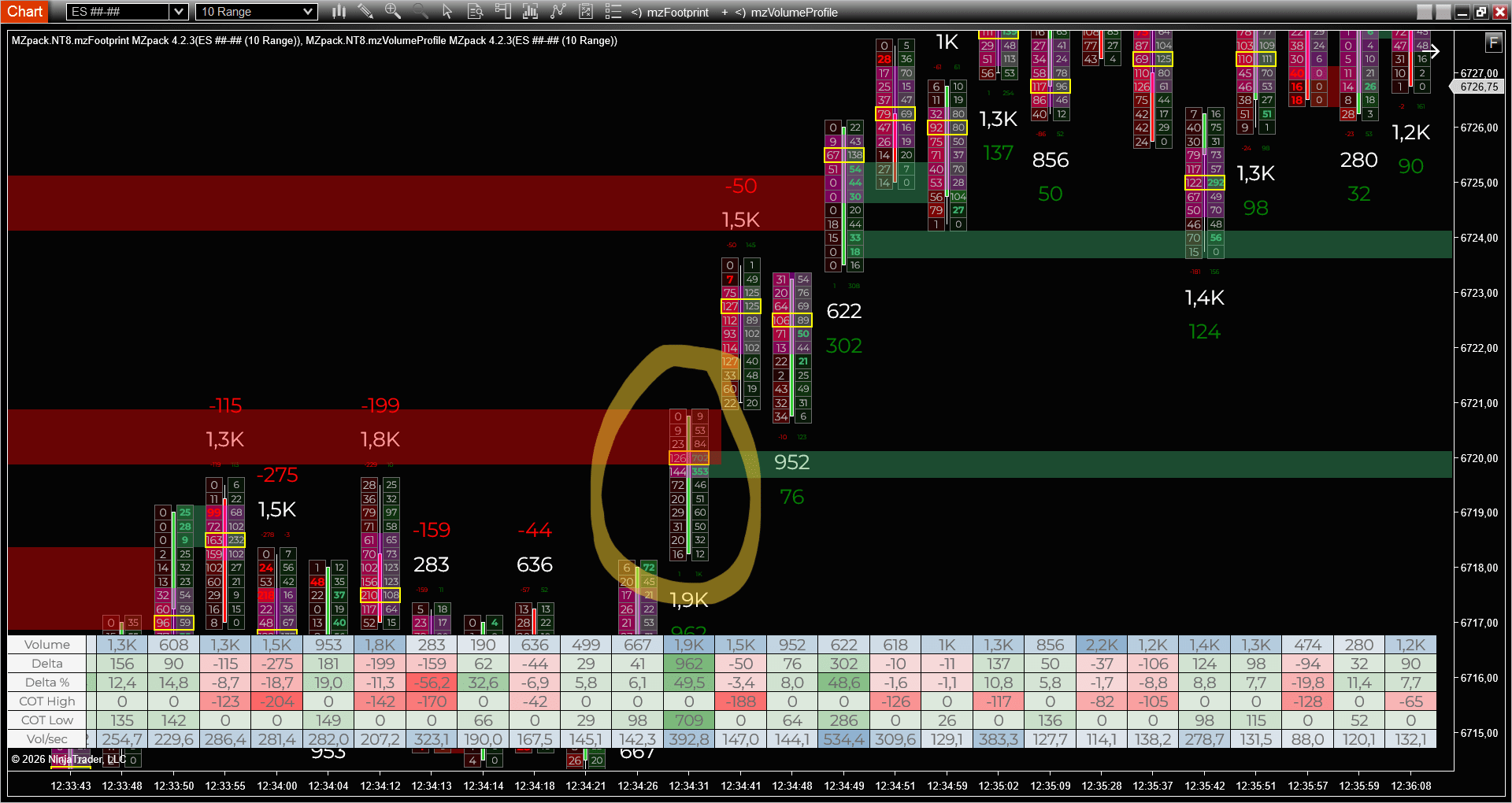 ES 10 range mzFootprint false Mirror Level that was a stop run - thick zone and large delta but no absorption, price broke through the level